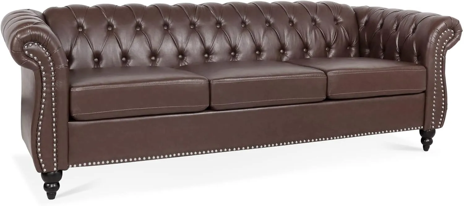 ERYE 3-Seaters Living Room Clasic Chesterfield Sofa Couch Button Tufted PU Leather Upholstered Sofa&Couch with Luxury Roller Armrest Soild Wood Legs Movable Cushions & Nailhead Decor