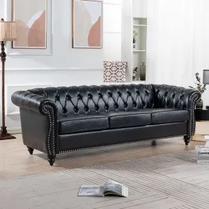 ERYE 3-Seaters Living Room Clasic Chesterfield Sofa Couch Button Tufted PU Leather Upholstered Sofa&Couch with Luxury Roller Armrest Soild Wood Legs Movable Cushions & Nailhead Decor