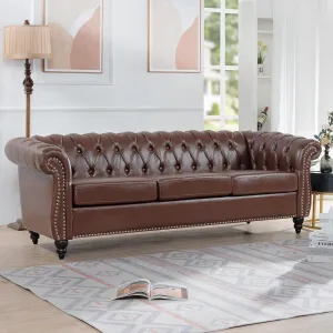 ERYE 3-Seaters Living Room Clasic Chesterfield Sofa Couch Button Tufted PU Leather Upholstered Sofa&Couch with Luxury Roller Armrest Soild Wood Legs Movable Cushions & Nailhead Decor