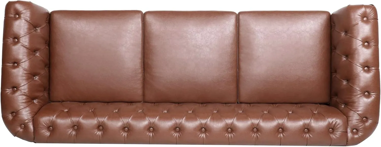 ERYE 3-Seaters Living Room Clasic Chesterfield Sofa Couch Button Tufted PU Leather Upholstered Sofa&Couch with Luxury Roller Armrest Soild Wood Legs Movable Cushions & Nailhead Decor