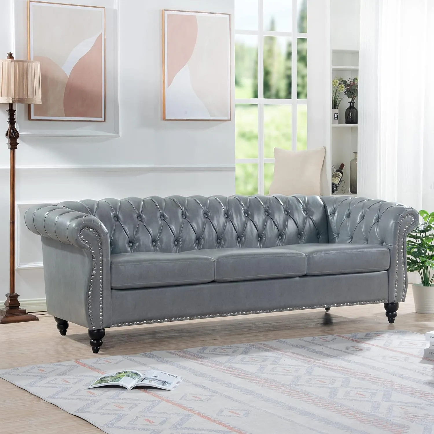 ERYE 3-Seaters Living Room Clasic Chesterfield Sofa Couch Button Tufted PU Leather Upholstered Sofa&Couch with Luxury Roller Armrest Soild Wood Legs Movable Cushions & Nailhead Decor
