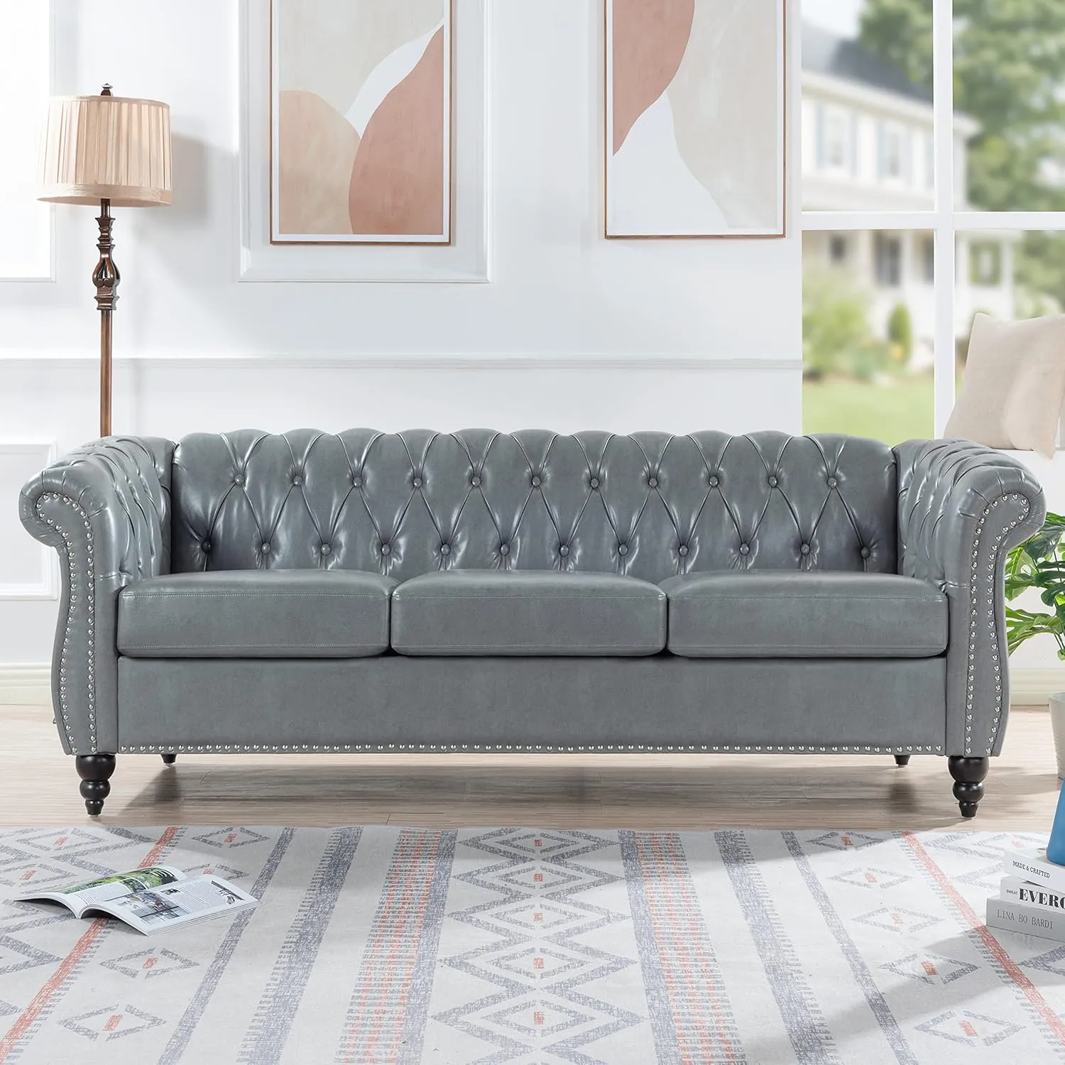 ERYE 3-Seaters Living Room Clasic Chesterfield Sofa Couch Button Tufted PU Leather Upholstered Sofa&Couch with Luxury Roller Armrest Soild Wood Legs Movable Cushions & Nailhead Decor