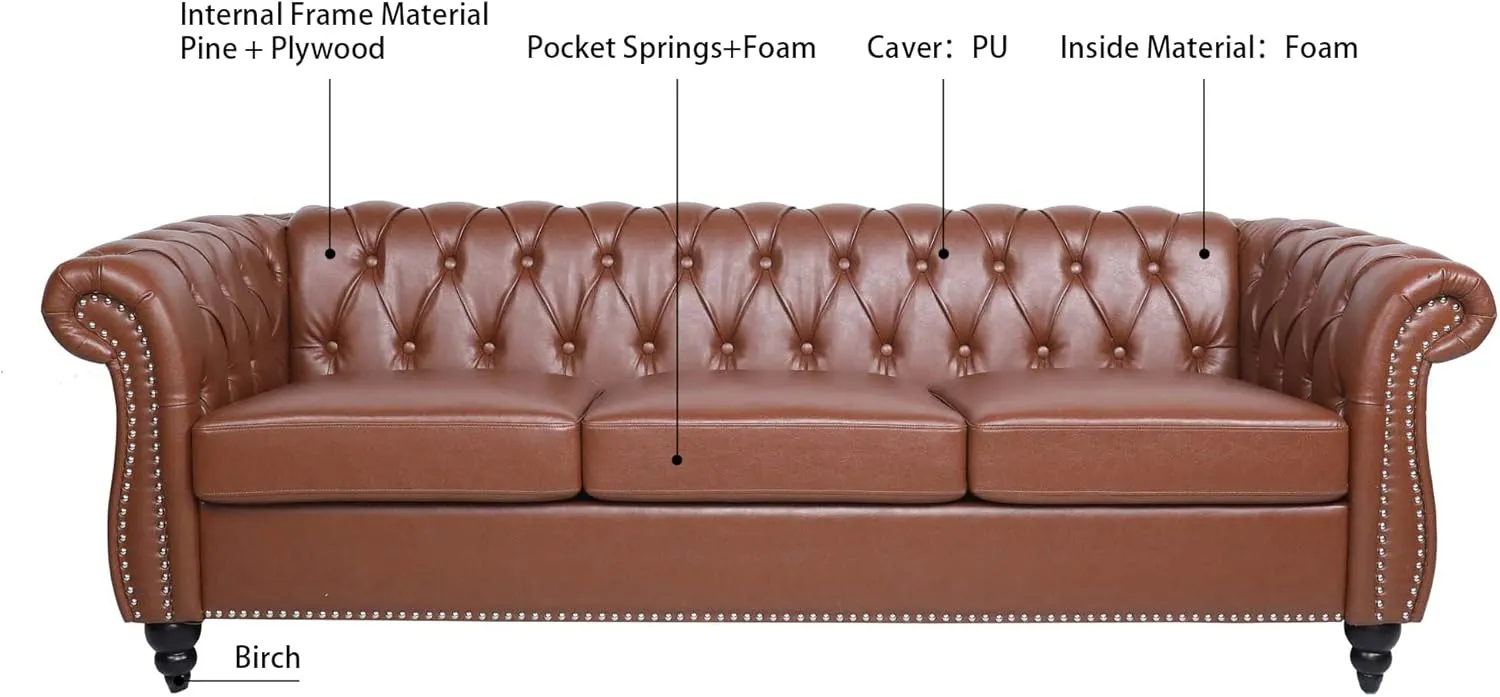 ERYE 3-Seaters Living Room Clasic Chesterfield Sofa Couch Button Tufted PU Leather Upholstered Sofa&Couch with Luxury Roller Armrest Soild Wood Legs Movable Cushions & Nailhead Decor