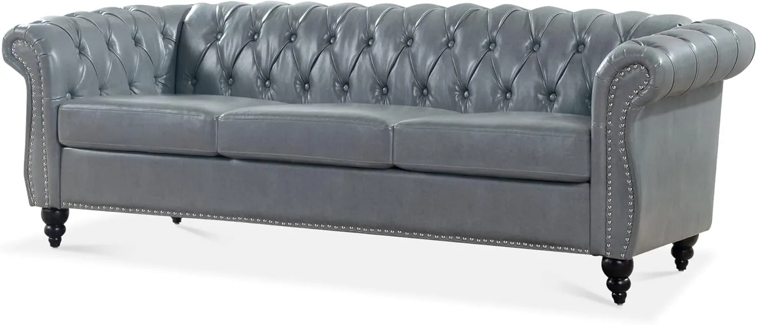 ERYE 3-Seaters Living Room Clasic Chesterfield Sofa Couch Button Tufted PU Leather Upholstered Sofa&Couch with Luxury Roller Armrest Soild Wood Legs Movable Cushions & Nailhead Decor