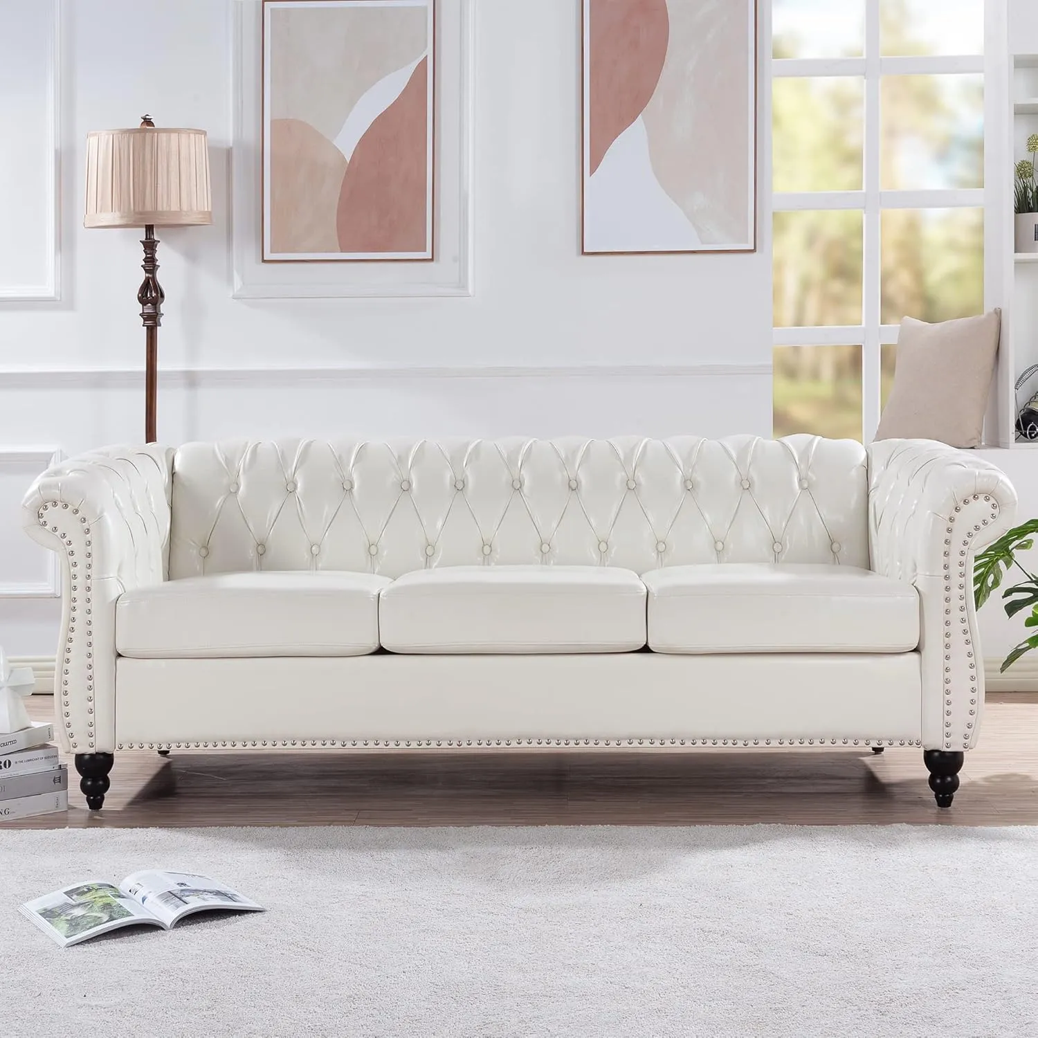 ERYE 3-Seaters Living Room Clasic Chesterfield Sofa Couch Button Tufted PU Leather Upholstered Sofa&Couch with Luxury Roller Armrest Soild Wood Legs Movable Cushions & Nailhead Decor