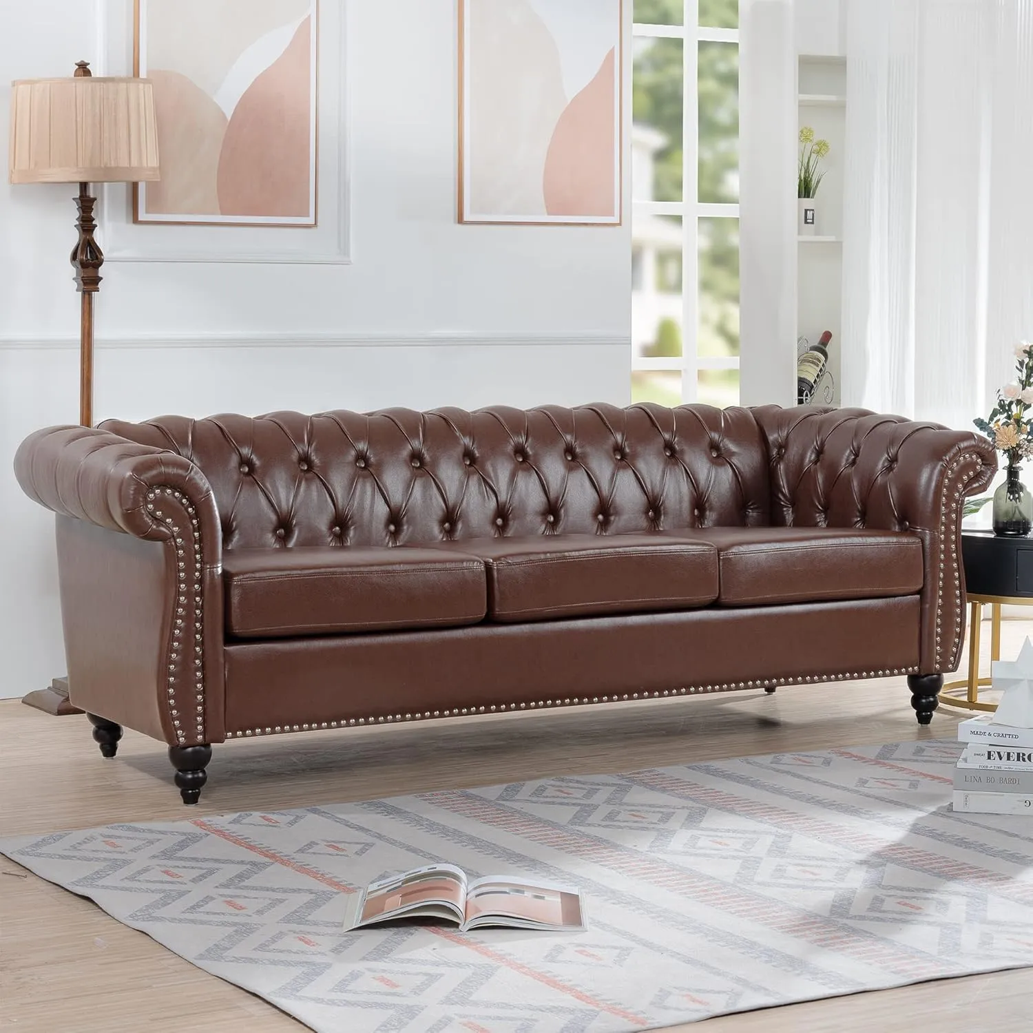 ERYE 3-Seaters Living Room Clasic Chesterfield Sofa Couch Button Tufted PU Leather Upholstered Sofa&Couch with Luxury Roller Armrest Soild Wood Legs Movable Cushions & Nailhead Decor