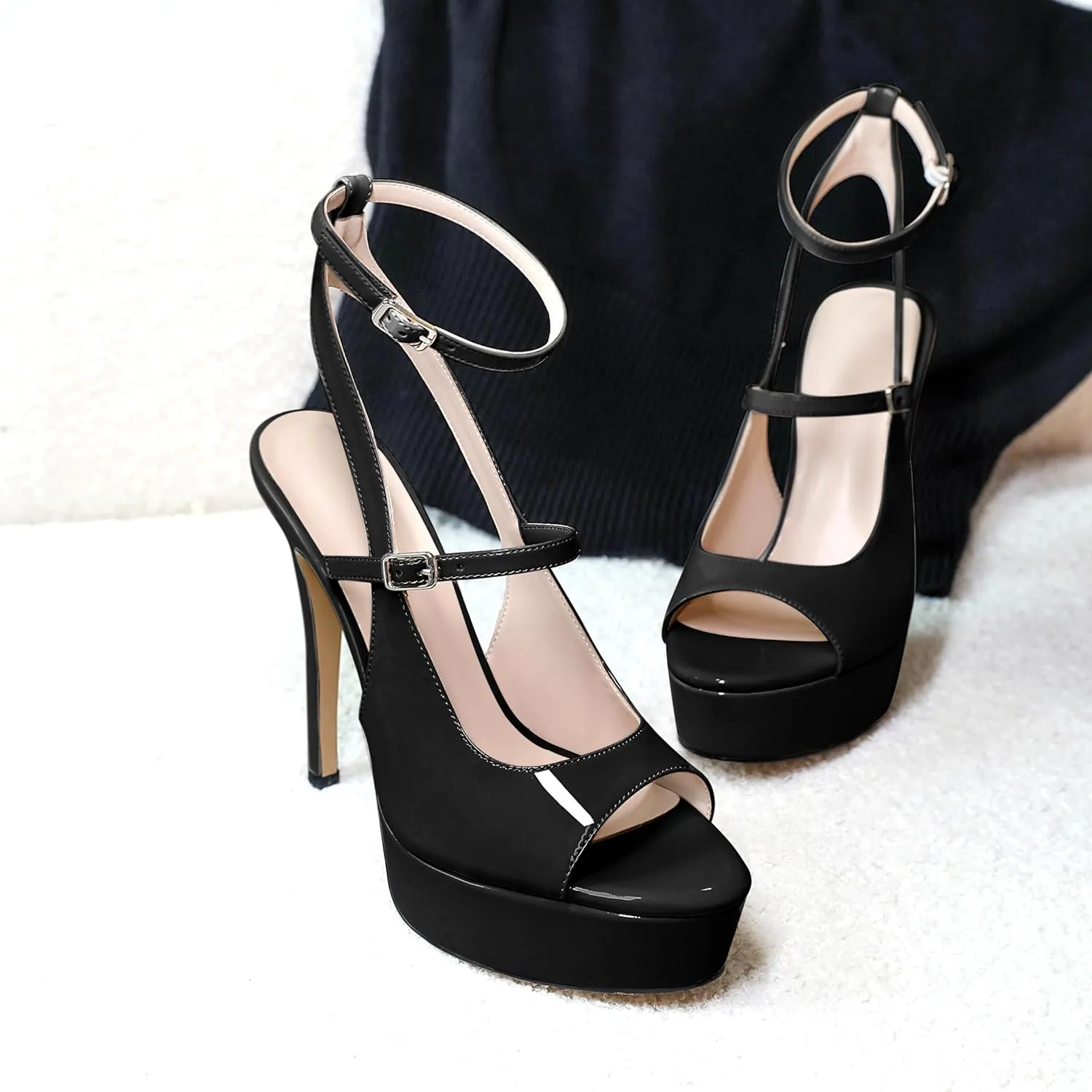 Esvowido Women's Peep Toe High Heels Platform Stilettos Ankle Strap Heeled Sandals Strappy Dress Shoes 5 Inch Wedding Party Dress Shoes