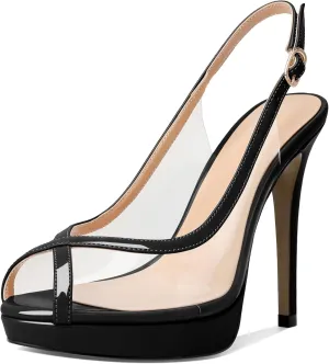Esvowido Women's Peep Toe High Heels Slingback Pumps Platform Stilettos Clear PVC Heeled Sandals 5 Inch Wedding Party Dress Shoes