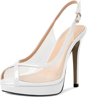 Esvowido Women's Peep Toe High Heels Slingback Pumps Platform Stilettos Clear PVC Heeled Sandals 5 Inch Wedding Party Dress Shoes