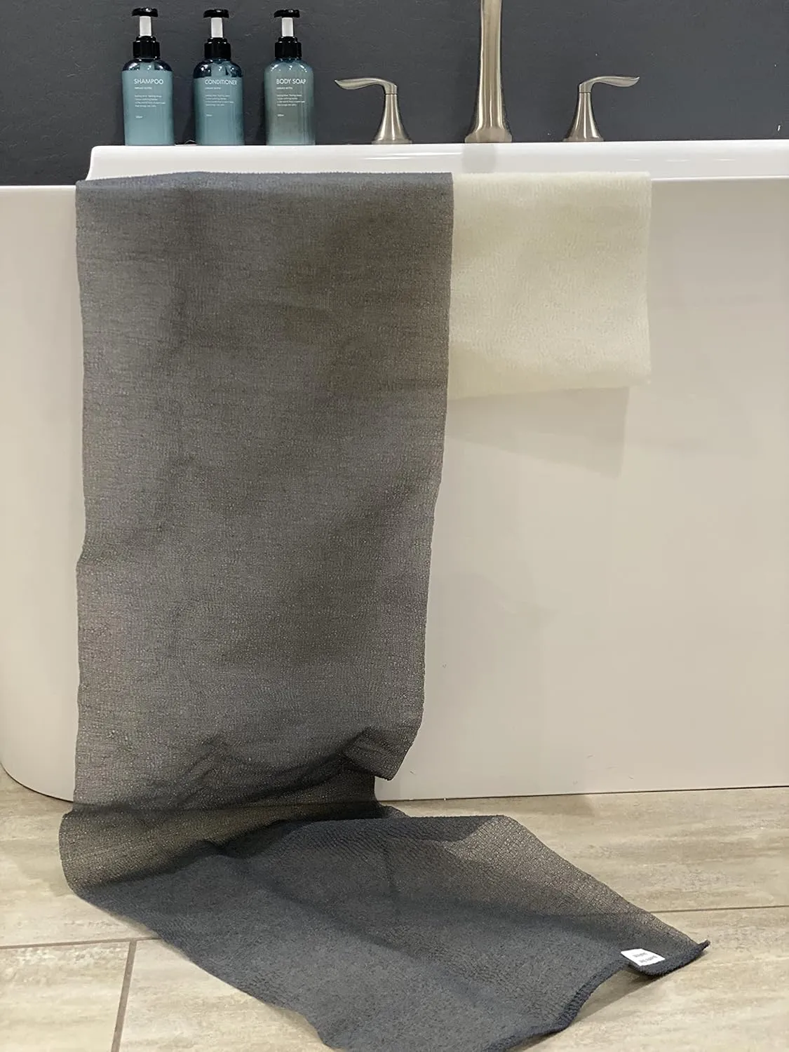 Extra Long Nylon Exfoliating Shower Towel Washcloth (Rough Exfoliate) - Dark Gray & Bone - (2 Pack)