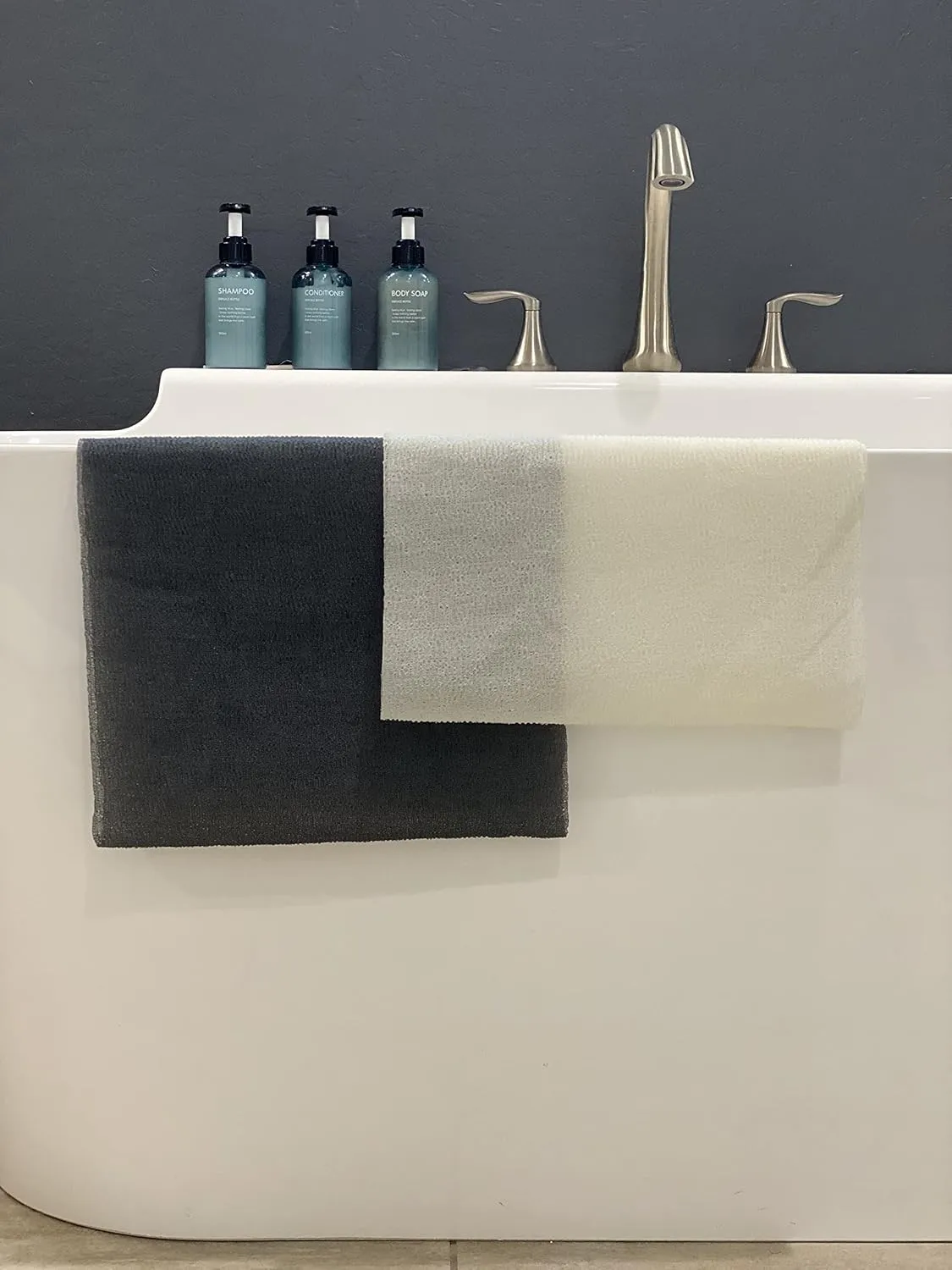 Extra Long Nylon Exfoliating Shower Towel Washcloth (Rough Exfoliate) - Dark Gray & Bone - (2 Pack)