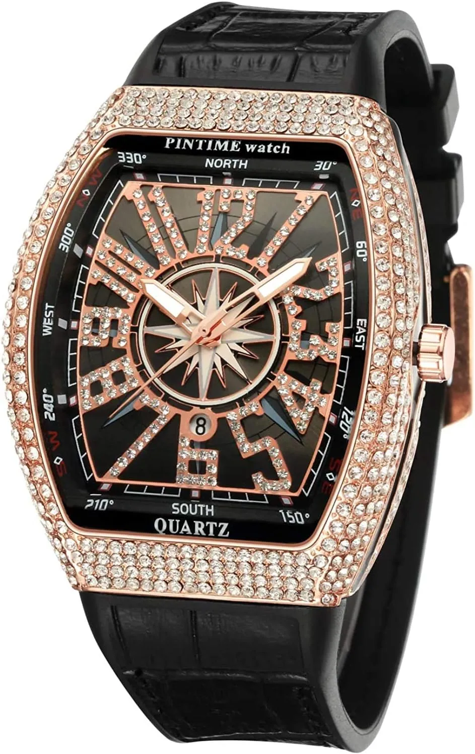 FANMIS Mens Skull Big Face Watches Rectangle Punk Diamond Dial Leather Strap Calendar Quartz Sports Wrist Watch