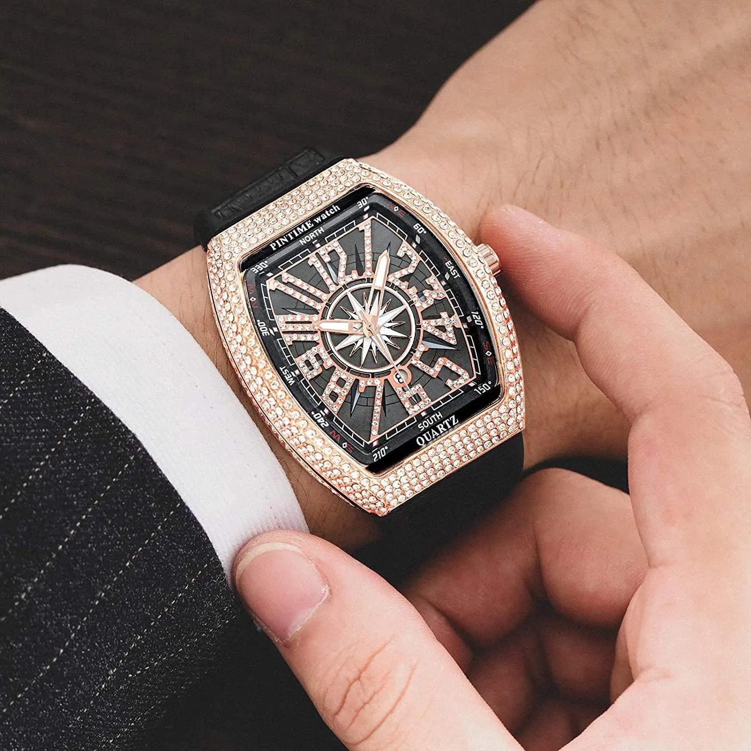 FANMIS Mens Skull Big Face Watches Rectangle Punk Diamond Dial Leather Strap Calendar Quartz Sports Wrist Watch