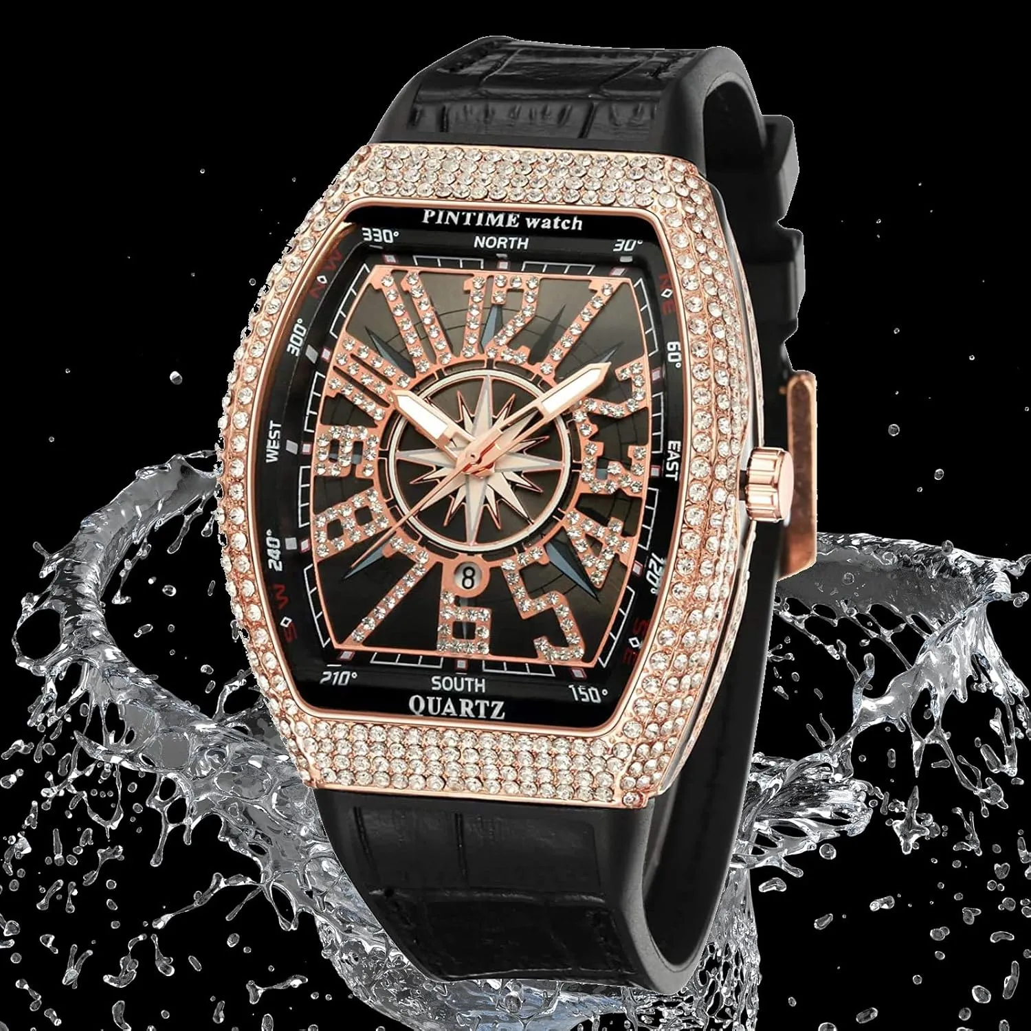 FANMIS Mens Skull Big Face Watches Rectangle Punk Diamond Dial Leather Strap Calendar Quartz Sports Wrist Watch