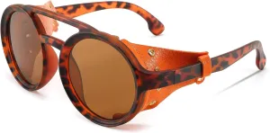 FEISEDY Retro Round Steampunk Sunglasses Women Men Vintage Eyewear Light Plastic Frame with Leatherwear B2532