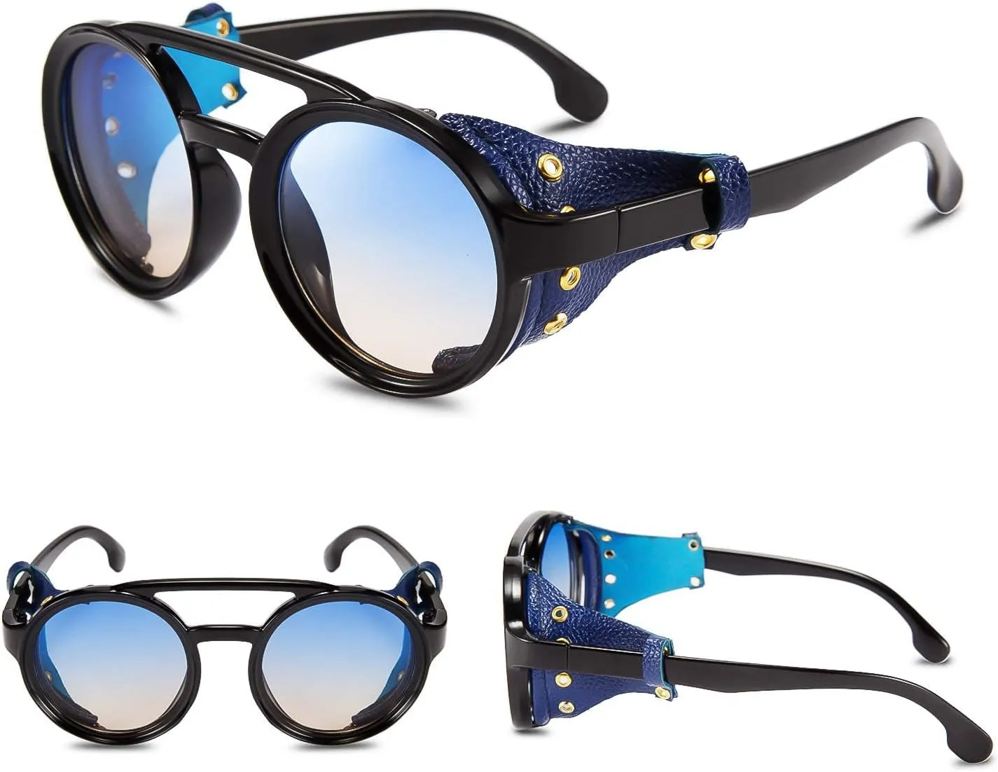FEISEDY Retro Round Steampunk Sunglasses Women Men Vintage Eyewear Light Plastic Frame with Leatherwear B2532