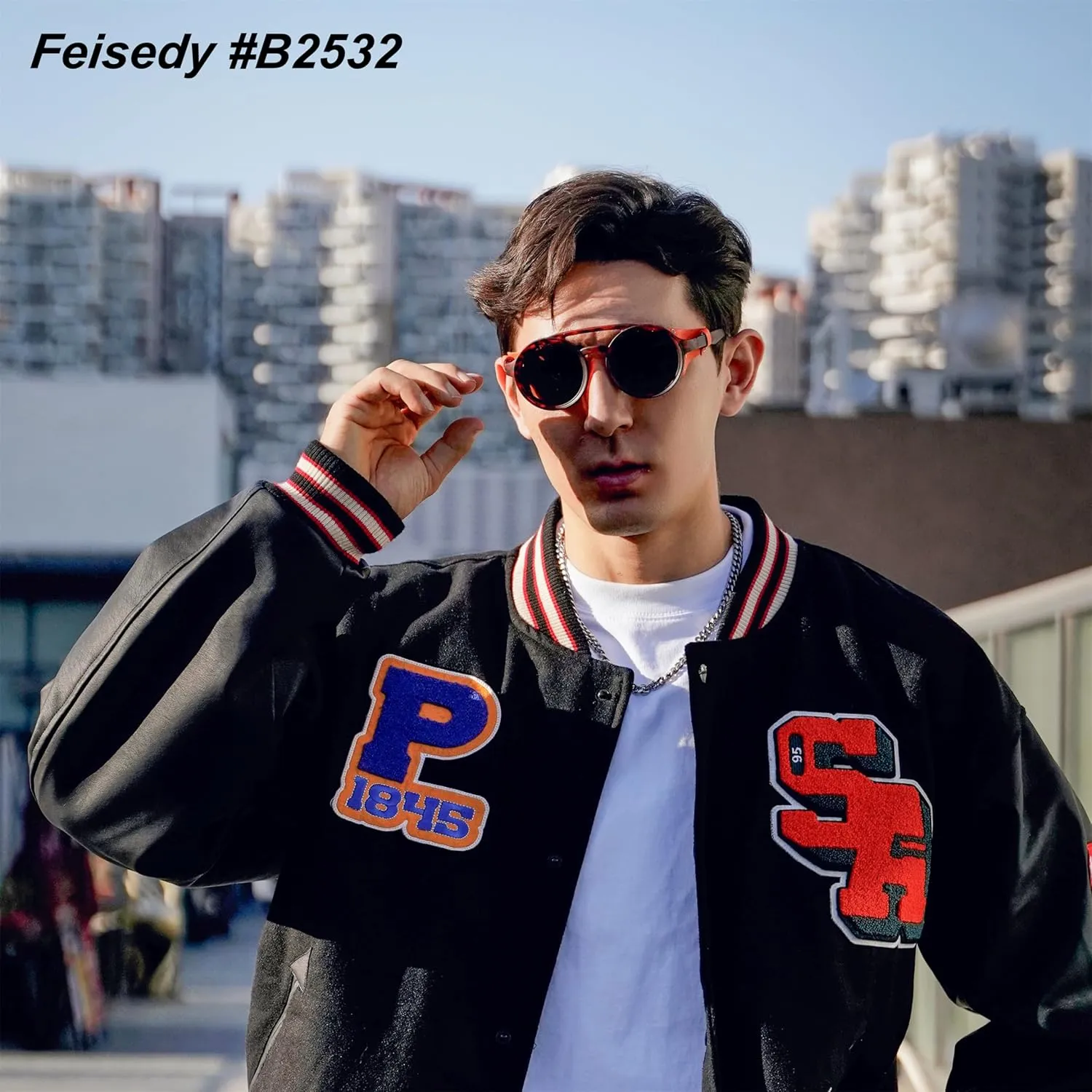 FEISEDY Retro Round Steampunk Sunglasses Women Men Vintage Eyewear Light Plastic Frame with Leatherwear B2532