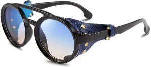 FEISEDY Retro Round Steampunk Sunglasses Women Men Vintage Eyewear Light Plastic Frame with Leatherwear B2532