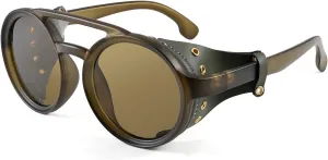 FEISEDY Retro Round Steampunk Sunglasses Women Men Vintage Eyewear Light Plastic Frame with Leatherwear B2532