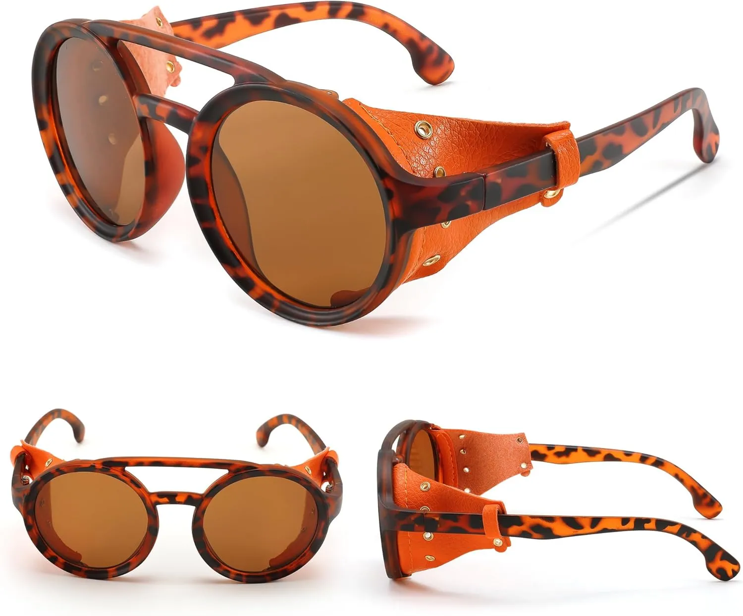 FEISEDY Retro Round Steampunk Sunglasses Women Men Vintage Eyewear Light Plastic Frame with Leatherwear B2532