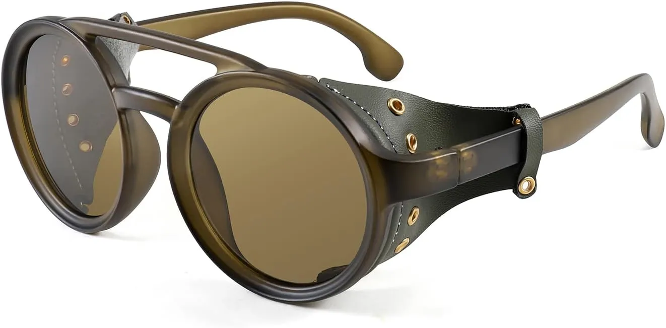 FEISEDY Retro Round Steampunk Sunglasses Women Men Vintage Eyewear Light Plastic Frame with Leatherwear B2532