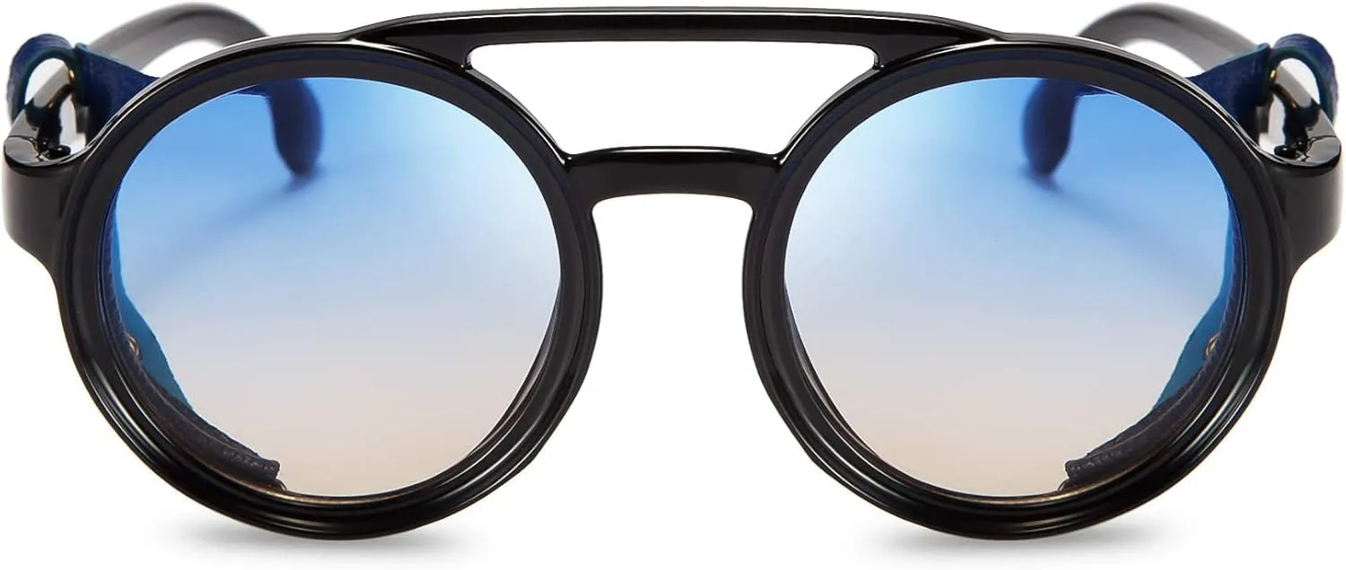FEISEDY Retro Round Steampunk Sunglasses Women Men Vintage Eyewear Light Plastic Frame with Leatherwear B2532
