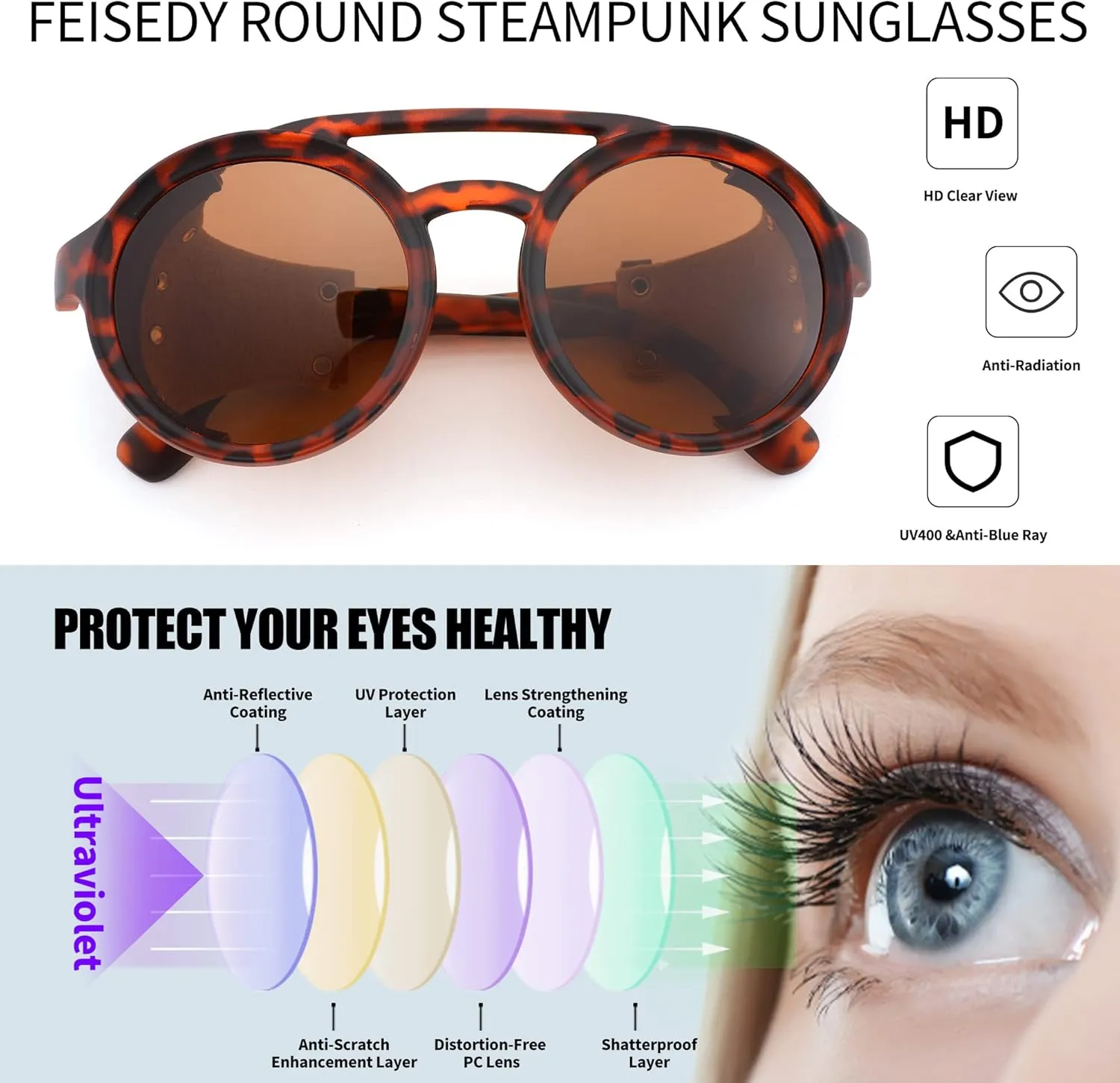 FEISEDY Retro Round Steampunk Sunglasses Women Men Vintage Eyewear Light Plastic Frame with Leatherwear B2532