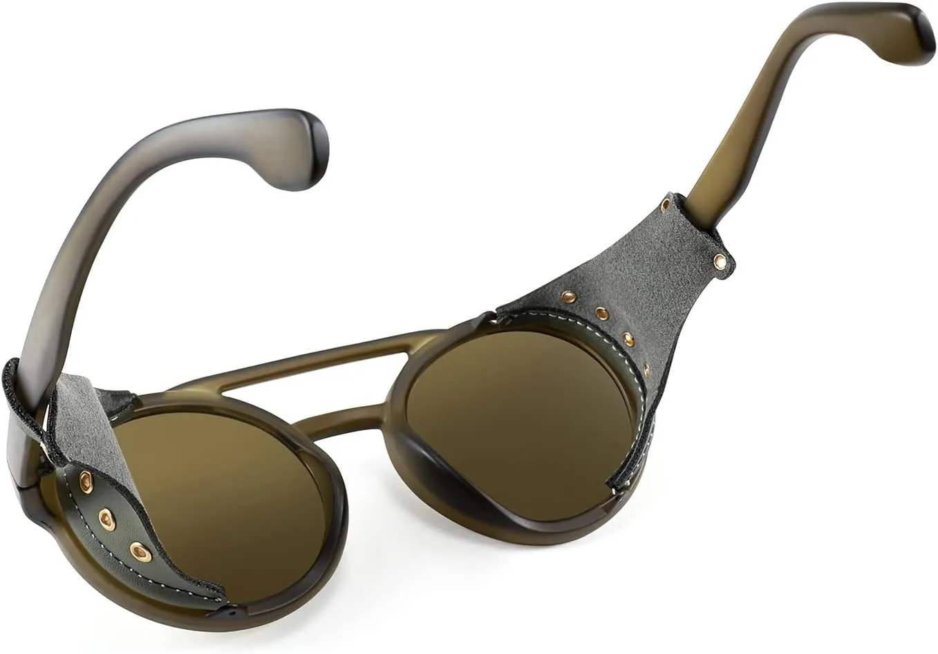 FEISEDY Retro Round Steampunk Sunglasses Women Men Vintage Eyewear Light Plastic Frame with Leatherwear B2532
