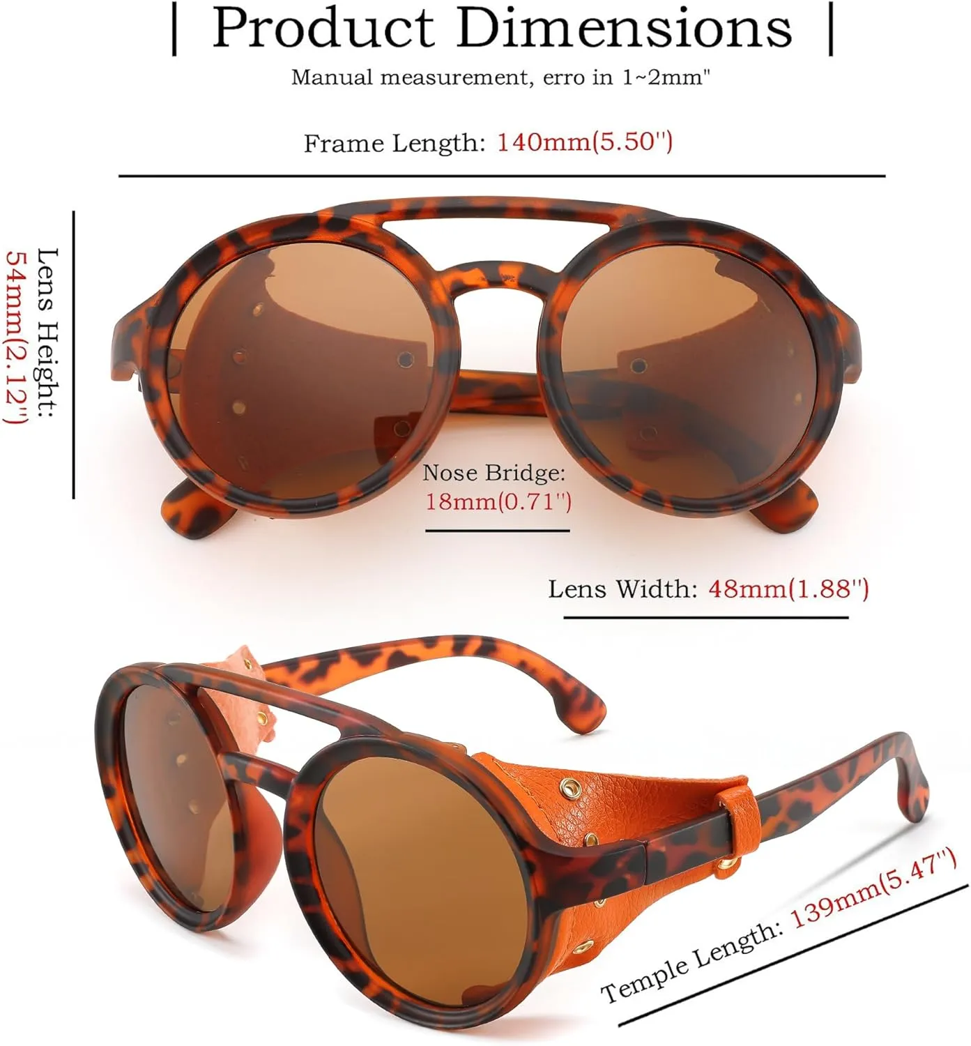 FEISEDY Retro Round Steampunk Sunglasses Women Men Vintage Eyewear Light Plastic Frame with Leatherwear B2532