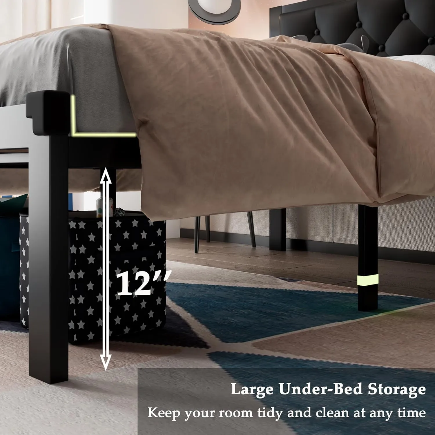 Feonase Twin Size Metal Bed Frame with Faux Leather Button Tufted Headboard, Heavy-Duty Platform Bed Frame with 12" Storage, Steel Slats Support, No Box Spring Needed, Noise Free, Black