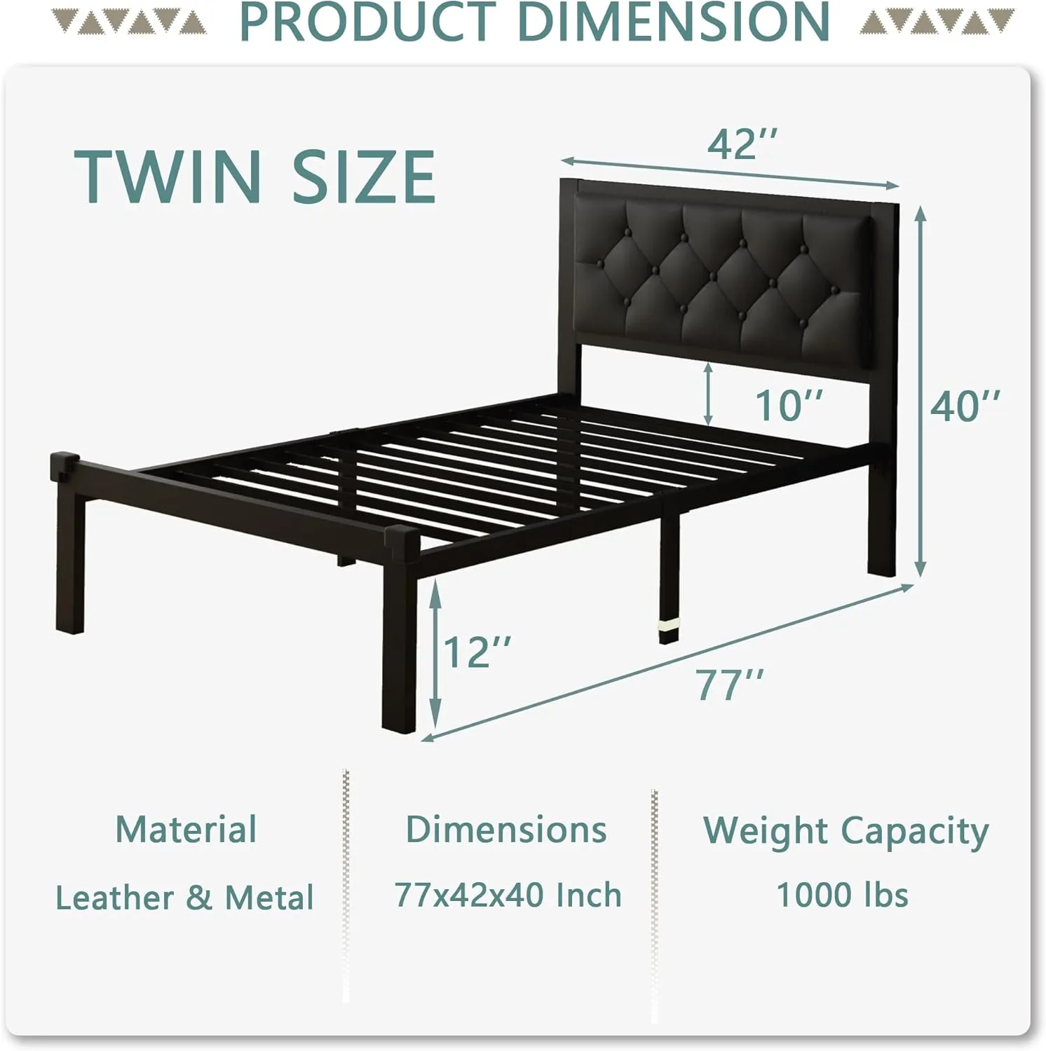 Feonase Twin Size Metal Bed Frame with Faux Leather Button Tufted Headboard, Heavy-Duty Platform Bed Frame with 12" Storage, Steel Slats Support, No Box Spring Needed, Noise Free, Black