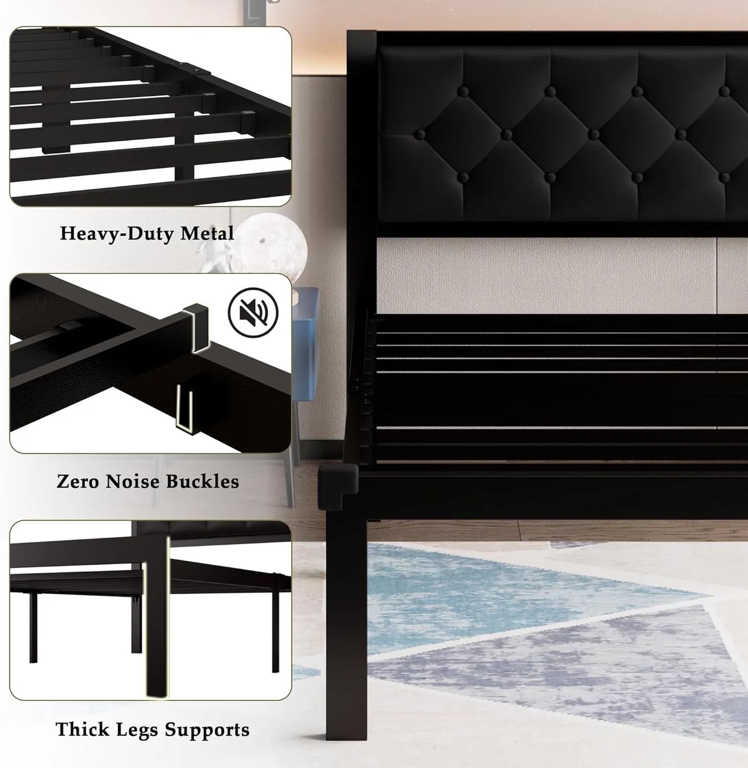 Feonase Twin Size Metal Bed Frame with Faux Leather Button Tufted Headboard, Heavy-Duty Platform Bed Frame with 12" Storage, Steel Slats Support, No Box Spring Needed, Noise Free, Black