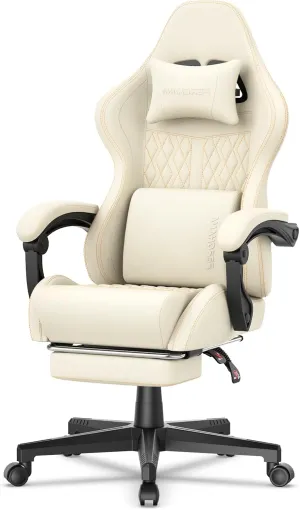 Ferghana Vintage PU Leather Gaming Chair, Ergonomic Gamer Chair with Massage, High Back Computer Office Chair with Footrest for Adults, Racing Style Reclining Video Game Chair (Beige)