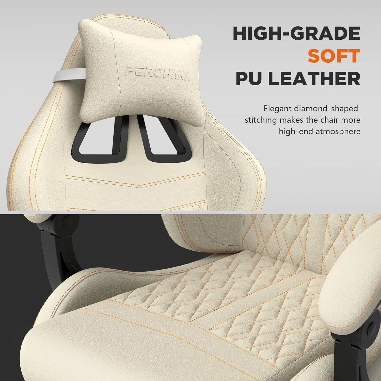 Ferghana Vintage PU Leather Gaming Chair, Ergonomic Gamer Chair with Massage, High Back Computer Office Chair with Footrest for Adults, Racing Style Reclining Video Game Chair (Beige)