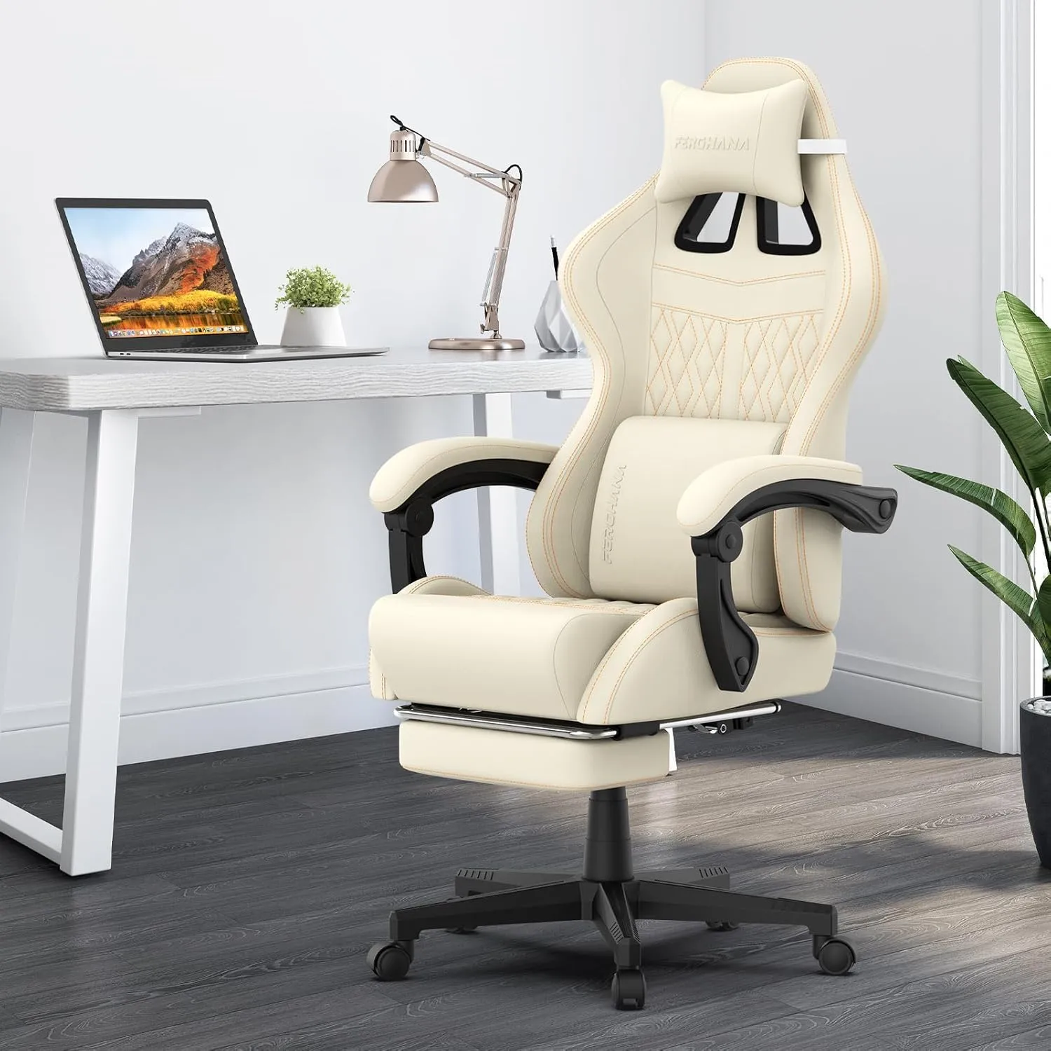 Ferghana Vintage PU Leather Gaming Chair, Ergonomic Gamer Chair with Massage, High Back Computer Office Chair with Footrest for Adults, Racing Style Reclining Video Game Chair (Beige)