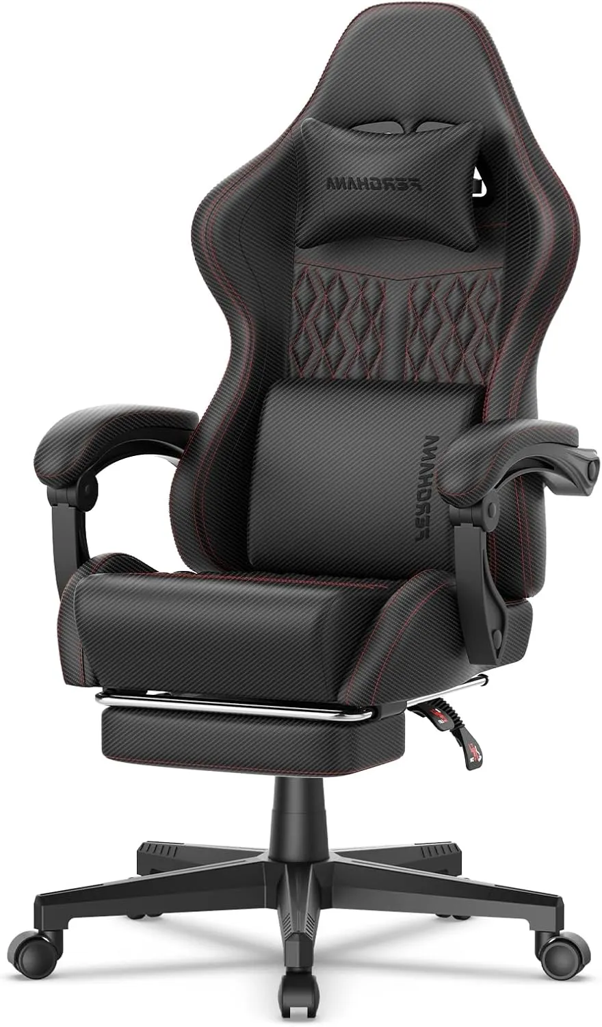 Ferghana Vintage PU Leather Gaming Chair, Ergonomic Gamer Chair with Massage, High Back Computer Office Chair with Footrest for Adults, Racing Style Reclining Video Game Chair (Black)