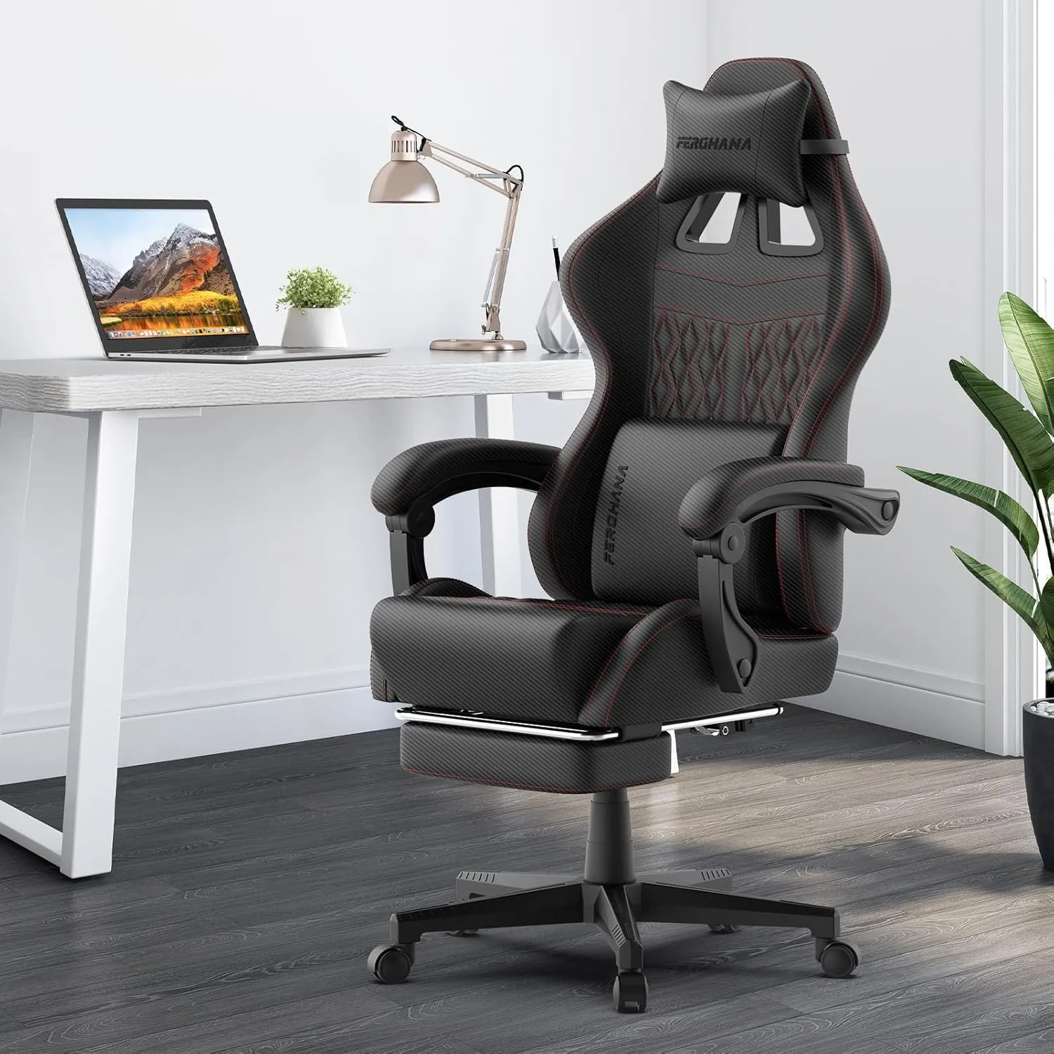 Ferghana Vintage PU Leather Gaming Chair, Ergonomic Gamer Chair with Massage, High Back Computer Office Chair with Footrest for Adults, Racing Style Reclining Video Game Chair (Black)