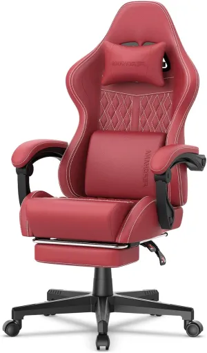 Ferghana Vintage PU Leather Gaming Chair, Ergonomic Gamer Chair with Massage, High Back Computer Office Chair with Footrest for Adults, Racing Style Reclining Video Game Chair (Red)