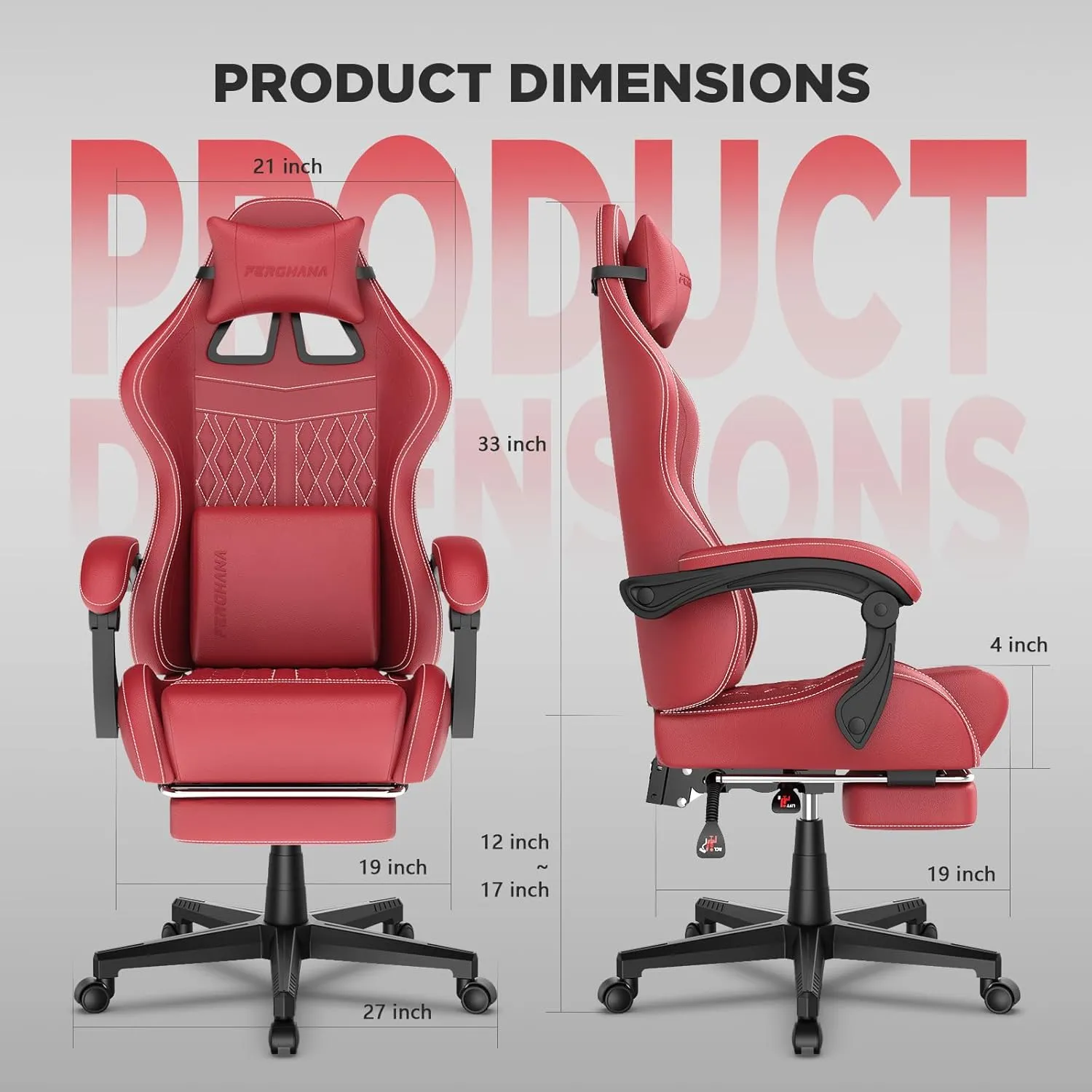 Ferghana Vintage PU Leather Gaming Chair, Ergonomic Gamer Chair with Massage, High Back Computer Office Chair with Footrest for Adults, Racing Style Reclining Video Game Chair (Red)