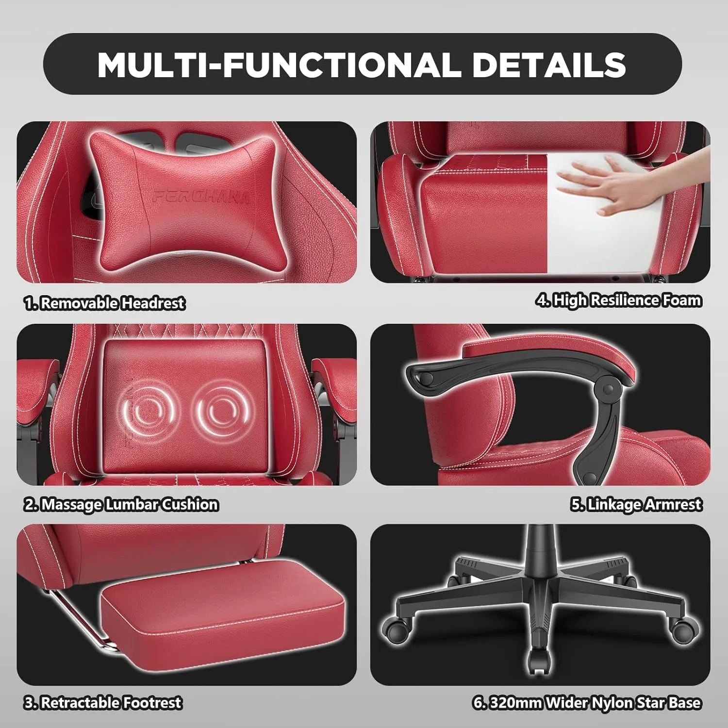 Ferghana Vintage PU Leather Gaming Chair, Ergonomic Gamer Chair with Massage, High Back Computer Office Chair with Footrest for Adults, Racing Style Reclining Video Game Chair (Red)