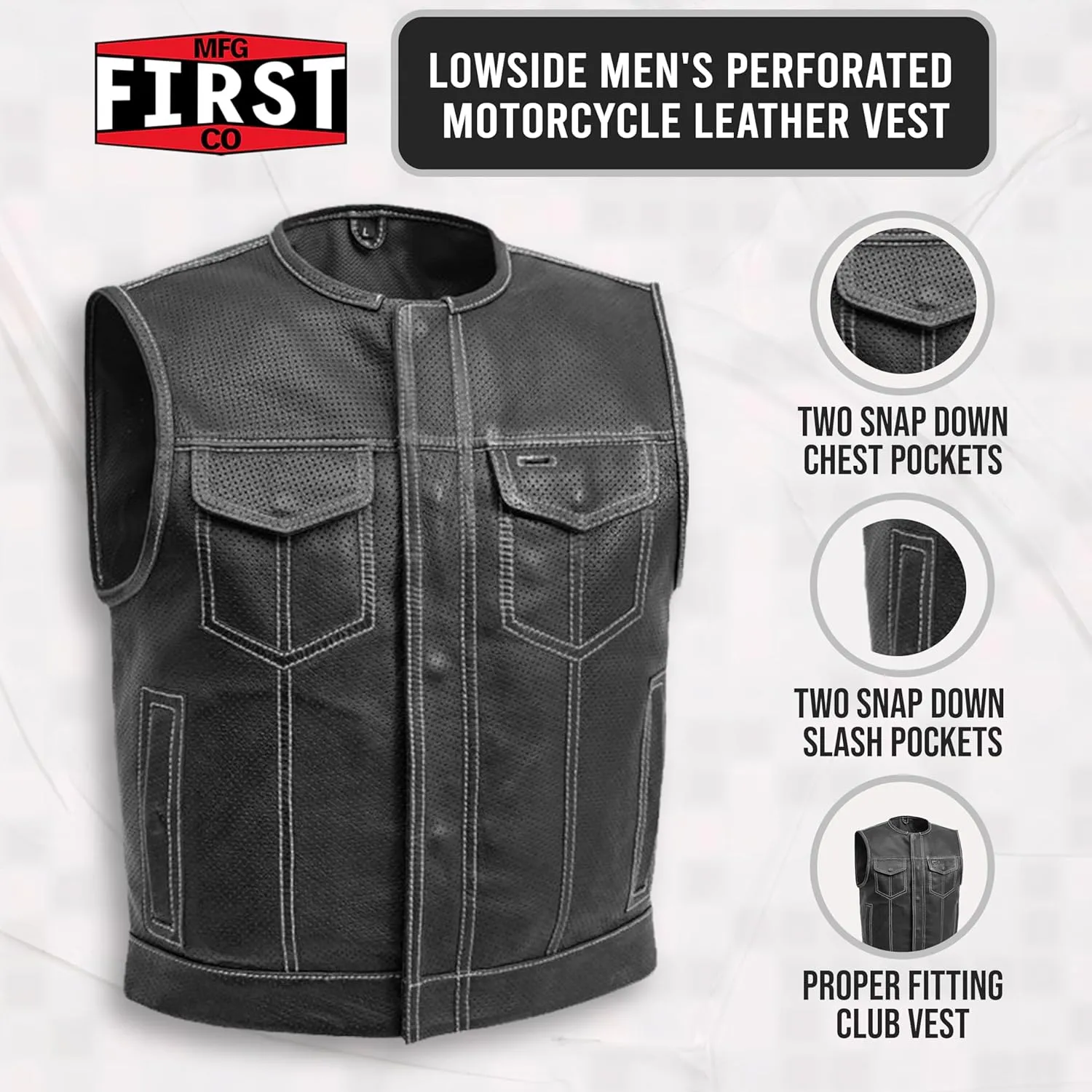 First Mfg Co - Lowside - Mens Motorcycle Biker Riding Canvas, Leather, Twill, Perforated Leather Vest