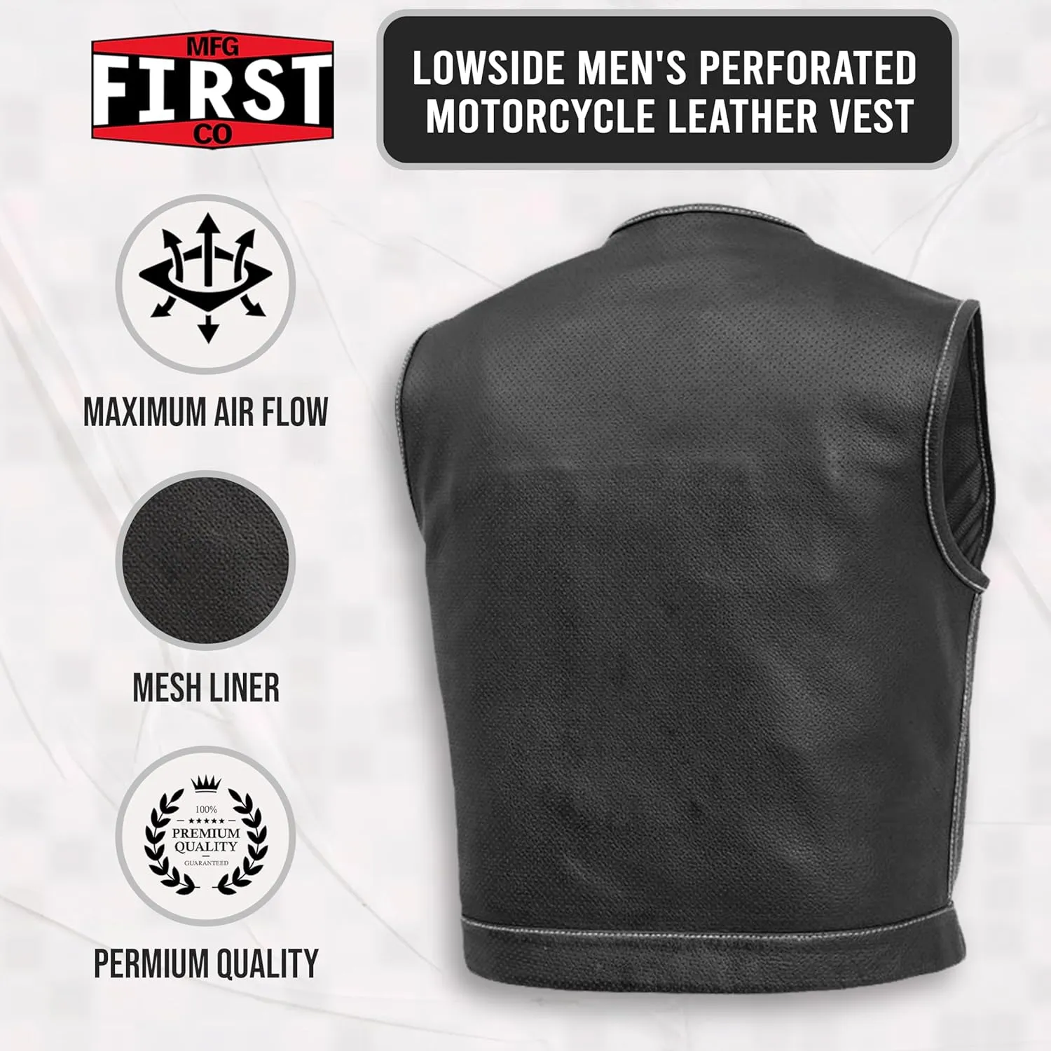 First Mfg Co - Lowside - Mens Motorcycle Biker Riding Canvas, Leather, Twill, Perforated Leather Vest
