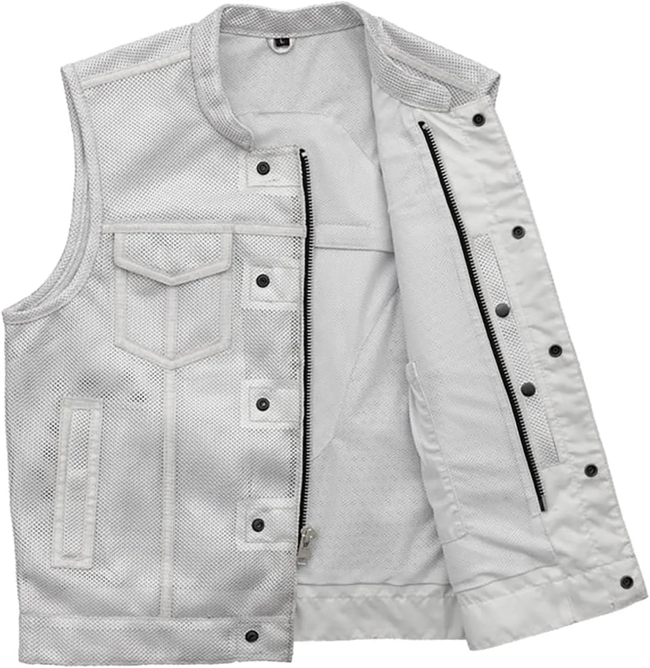 First Mfg Co Sharp Shooter Men's Motorcycle leather Vest - Classic Black Leather, Banded Collar, Covered Snaps