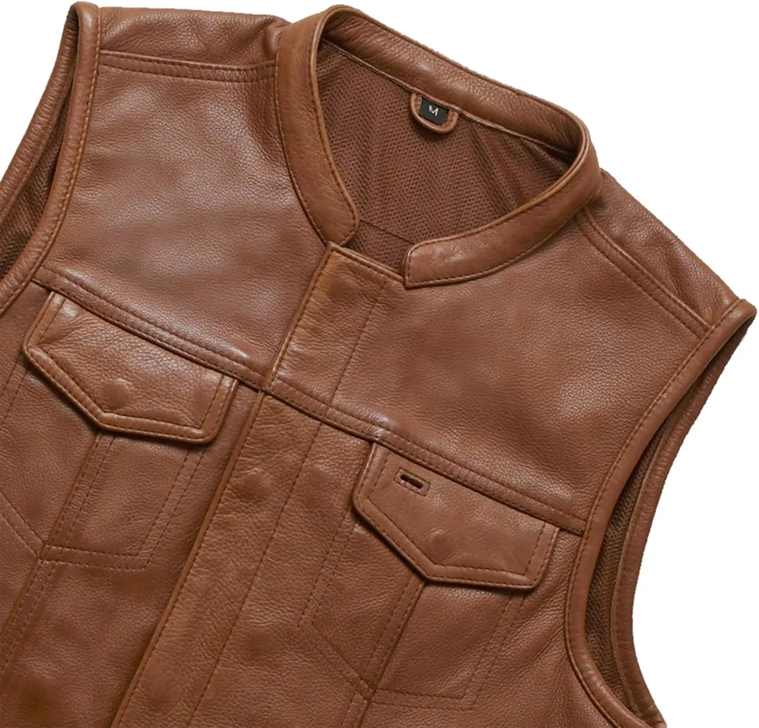 First Mfg Co Sharp Shooter Men's Motorcycle leather Vest - Classic Black Leather, Banded Collar, Covered Snaps