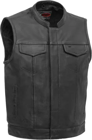 First Mfg Co Sharp Shooter Men's Motorcycle leather Vest - Classic Black Leather, Banded Collar, Covered Snaps