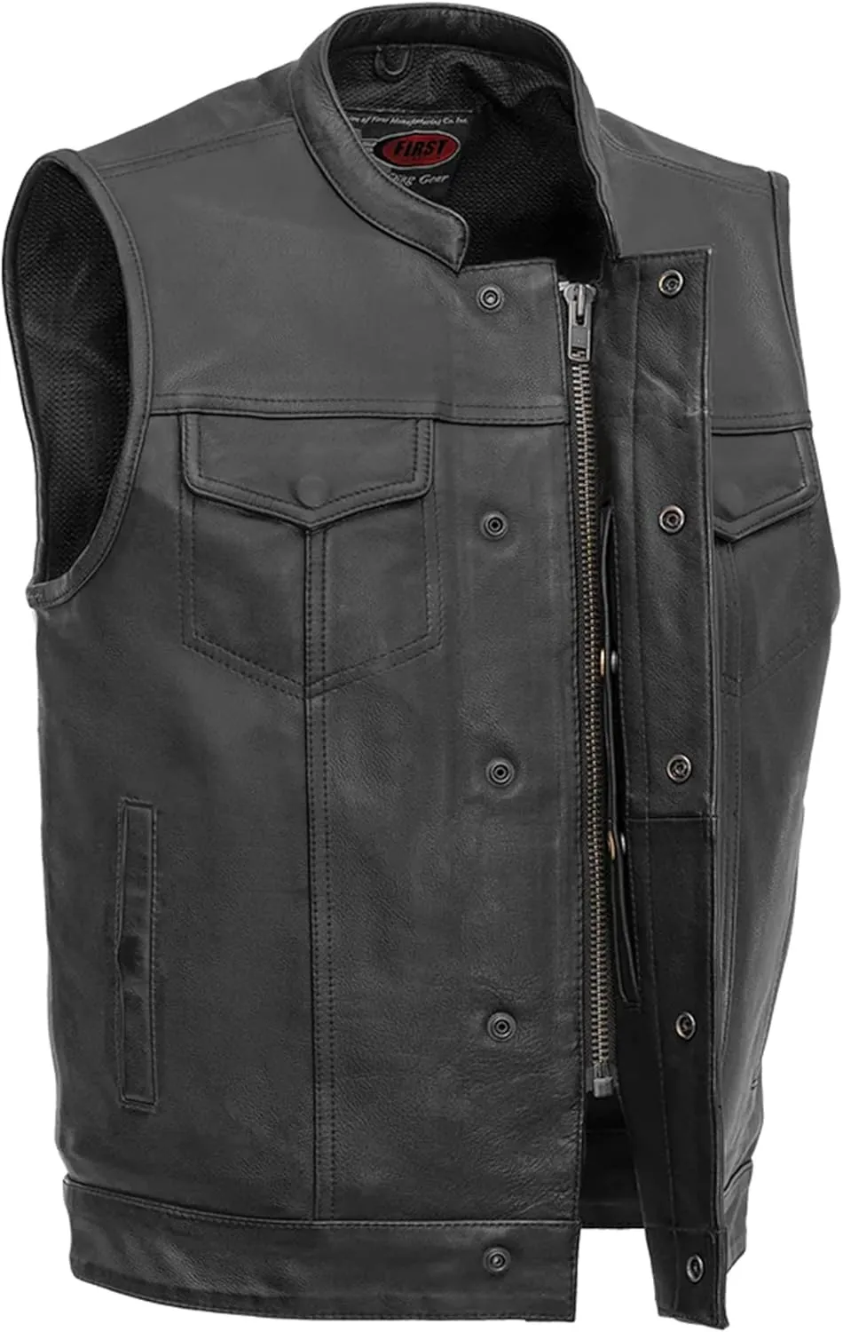 First Mfg Co Sharp Shooter Men's Motorcycle leather Vest - Classic Black Leather, Banded Collar, Covered Snaps