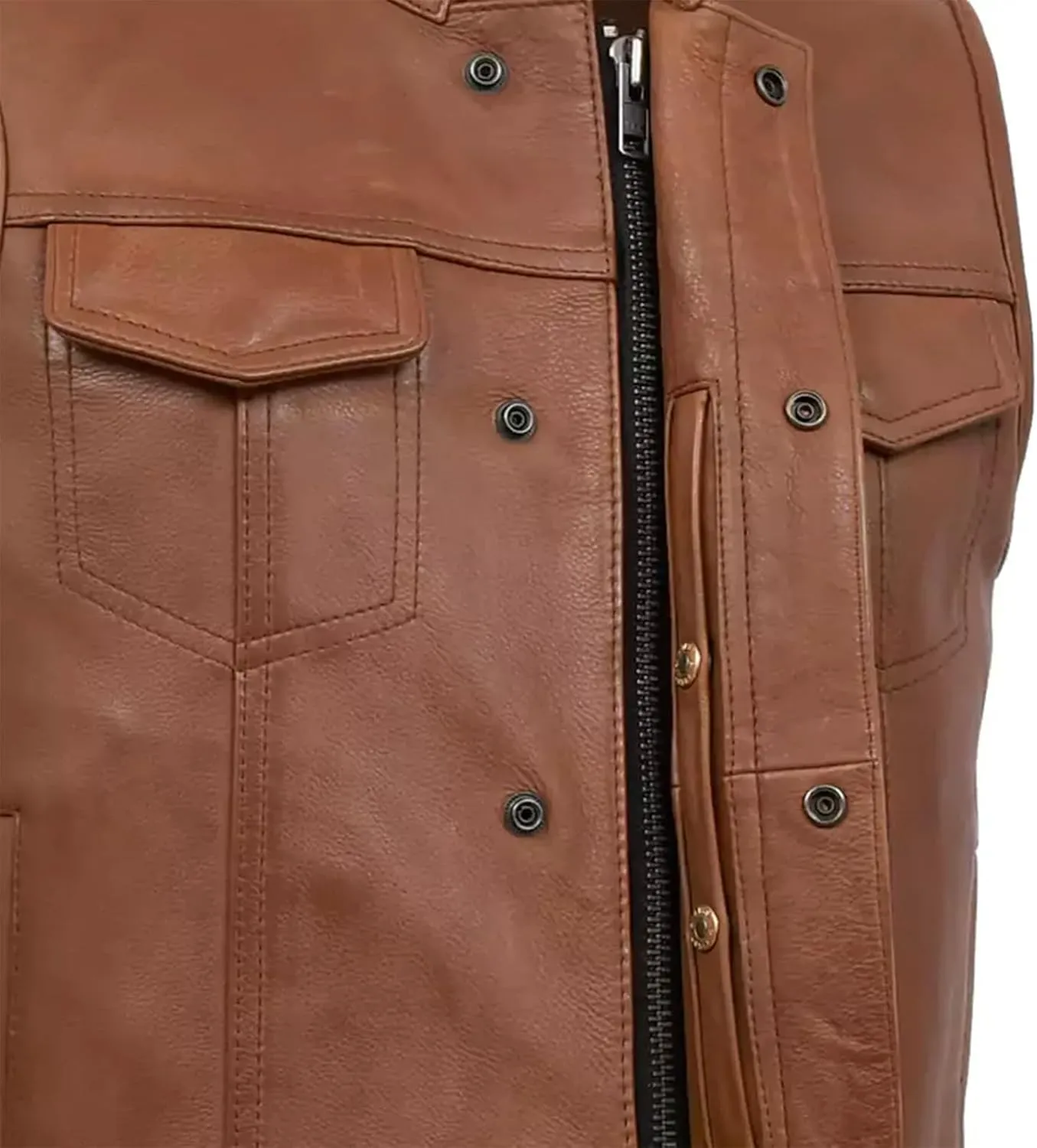 First Mfg Co Sharp Shooter Men's Motorcycle leather Vest - Classic Black Leather, Banded Collar, Covered Snaps