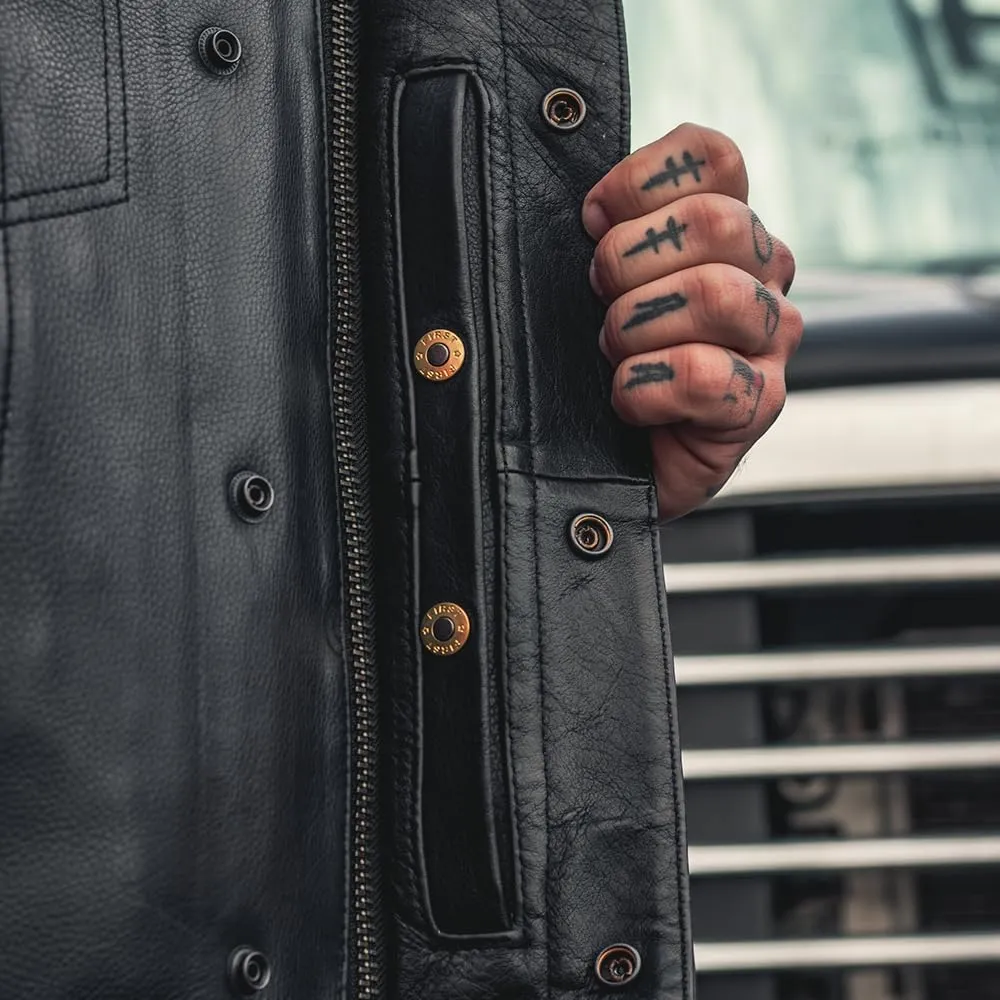 First Mfg Co Sharp Shooter Men's Motorcycle leather Vest - Classic Black Leather, Banded Collar, Covered Snaps