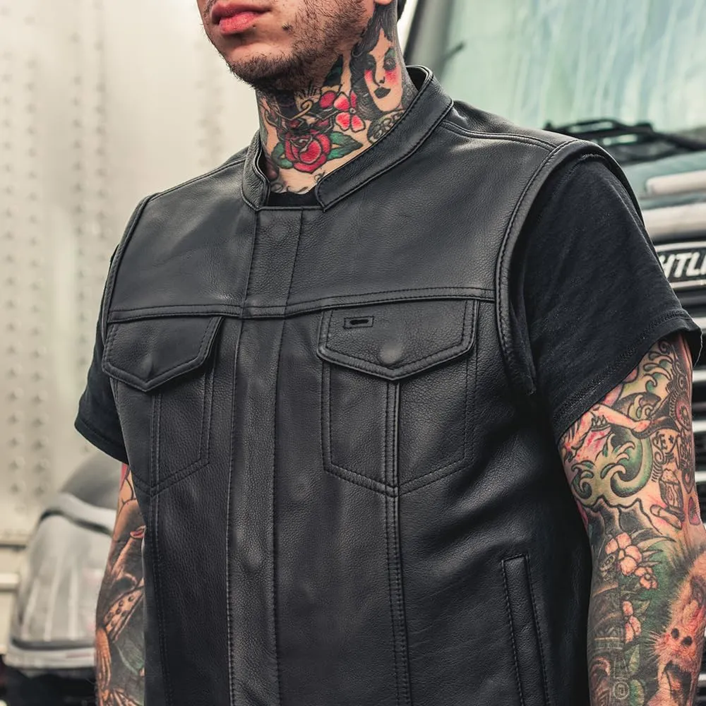 First Mfg Co Sharp Shooter Men's Motorcycle leather Vest - Classic Black Leather, Banded Collar, Covered Snaps