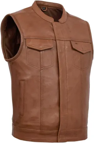 First Mfg Co Sharp Shooter Men's Motorcycle leather Vest - Classic Black Leather, Banded Collar, Covered Snaps